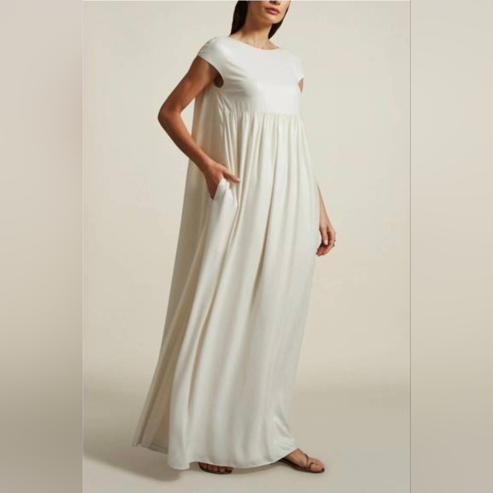 Kallmeyer Juliet Midnight Blue Foil Chiffon Cap Sleeve Round Neck Maxi Dress